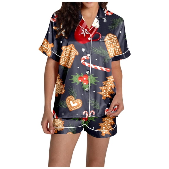 Hwmodou Women Pajamas Sets Christmas Print Silk Satin Short Sleeved Top And Shorts Ladies Pajamas Loungewear