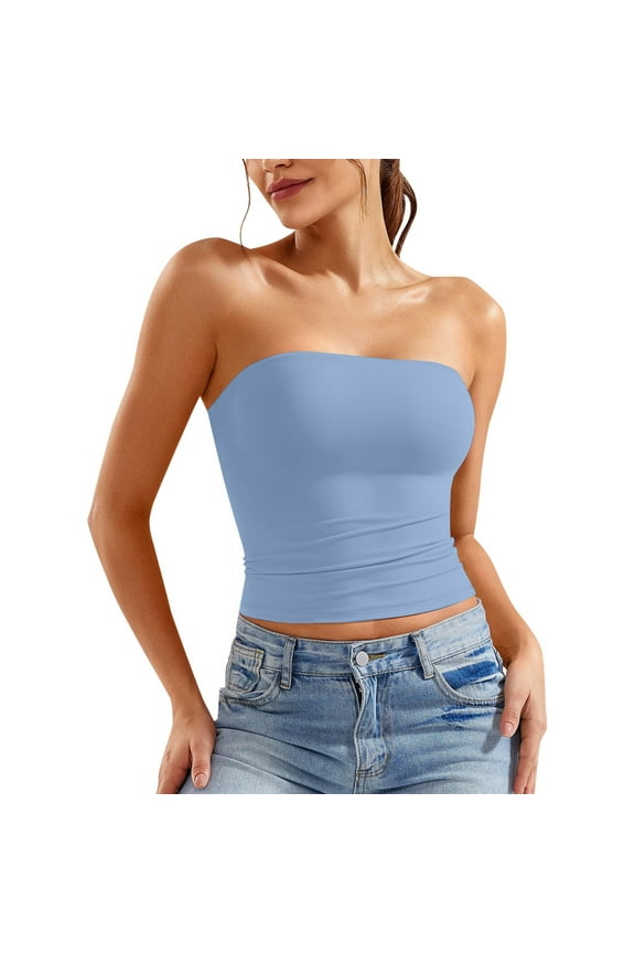 Women'S Tanks & Camis For Womens Solid Color Crop Top Strapless Bandeau Tube Top Sleeveless Backless Tank Vest Trendy Leisure Light Blue L