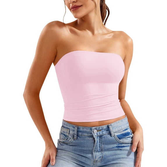 Hwmodou Women'S Tanks & Camis For Womens Solid Color Crop Top Strapless Bandeau Tube Top Sleeveless Backless Tank Vest Trendy Leisure Pink M