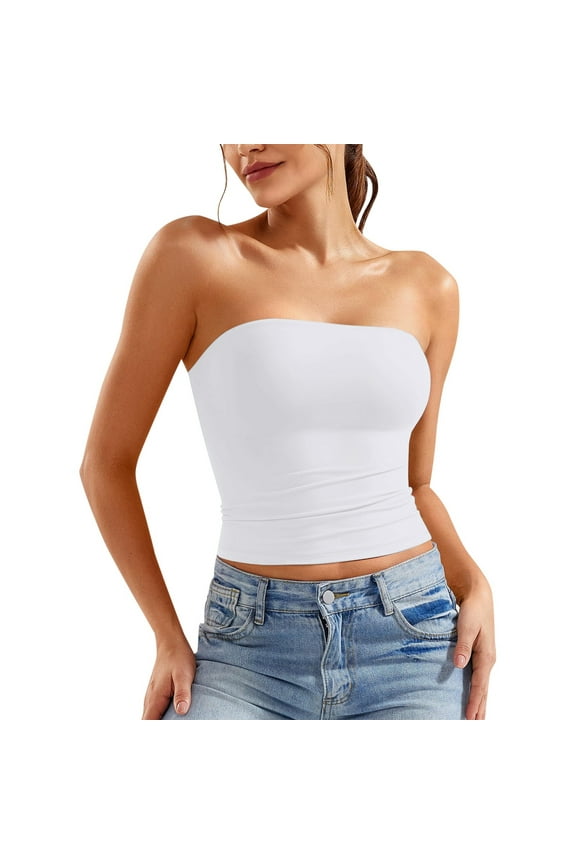 Women'S Tanks & Camis For Womens Solid Color Crop Top Strapless Bandeau Tube Top Sleeveless Backless Tank Vest Trendy Leisure White M