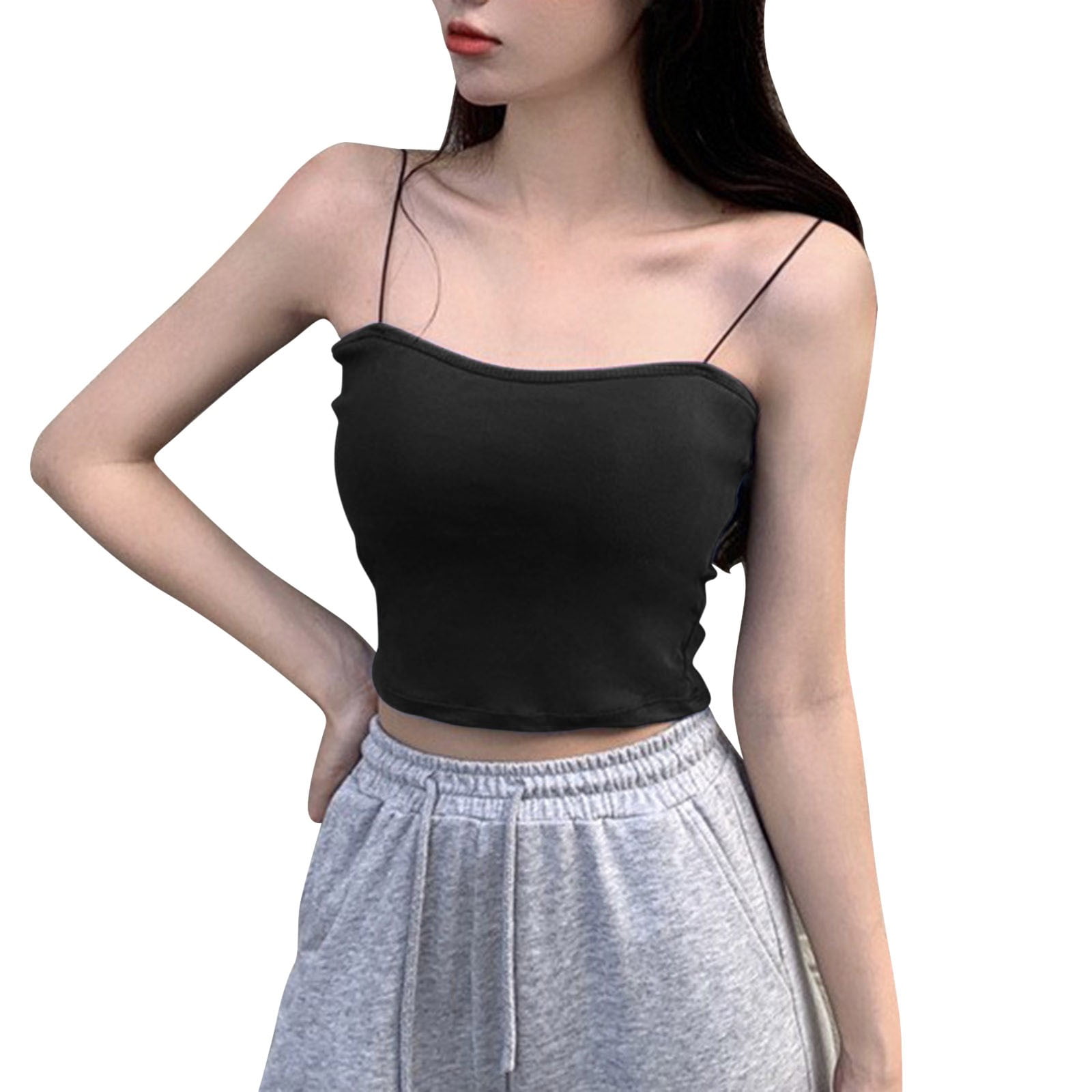 Hwmodou Women Spaghetti Straps Fashion Sleeveless Top T Shirt Chest Pad