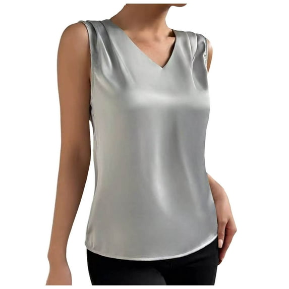 Hwmodou Women Summer V Neck Casual Solid Color Satin Sleeveless Basic Vest Shirt Fashionable Simple Top Comfy Lightweight Stretchy Breathable Cami