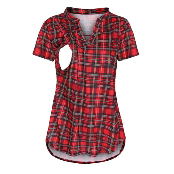 Hwmodou Women T-Shirts Pregnant Maternity Summer Short Sleeve V Neck Plaid Print Tops T Shirt Breastfeeding Womens Blouse Dailywear Pregnancy Clothes For Woman