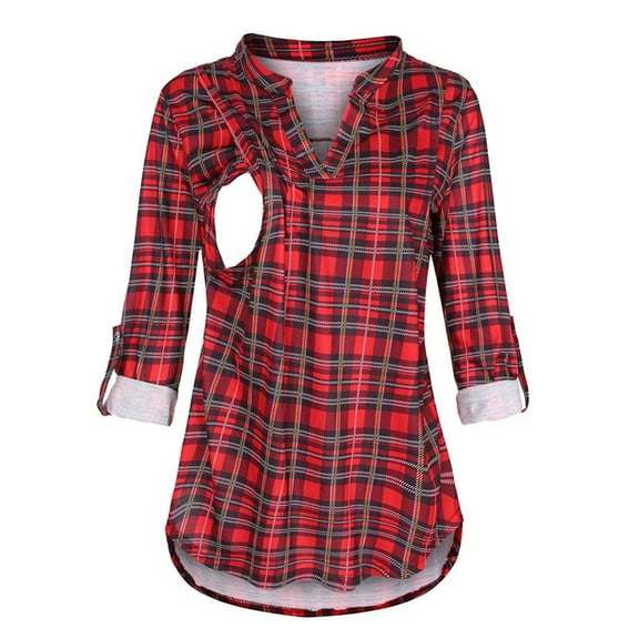 Hwmodou Women T-Shirts Pregnant Womens Maternity Long Sleeve Plaid Printed g Shirts Blouse Breastfeeding V Neck Top Dailywear Pregnancy Clothes For Woman