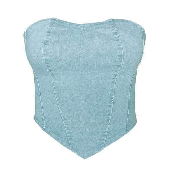 Hwmodou Women's Denim Vest Womens Denim Tube Top Zipper Back Strapless Bandeau Jean Crop Top Oversized Denim Vest