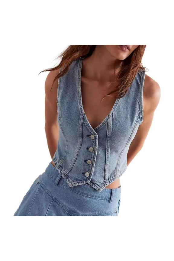 Women's Denim Vest Womens Fashion Casual V Neck Denim Top Adjustable Vest Jean Tank Top Oversized Denim Vest