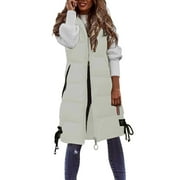 Hwmodou Women's Down Jackets And Parkas Casual Solid Coat Hooded Vest Zipper Pocket Loose Sleeveless Jacket Long Coat Warm Thicken Puffer Jacket Novetly Clothes