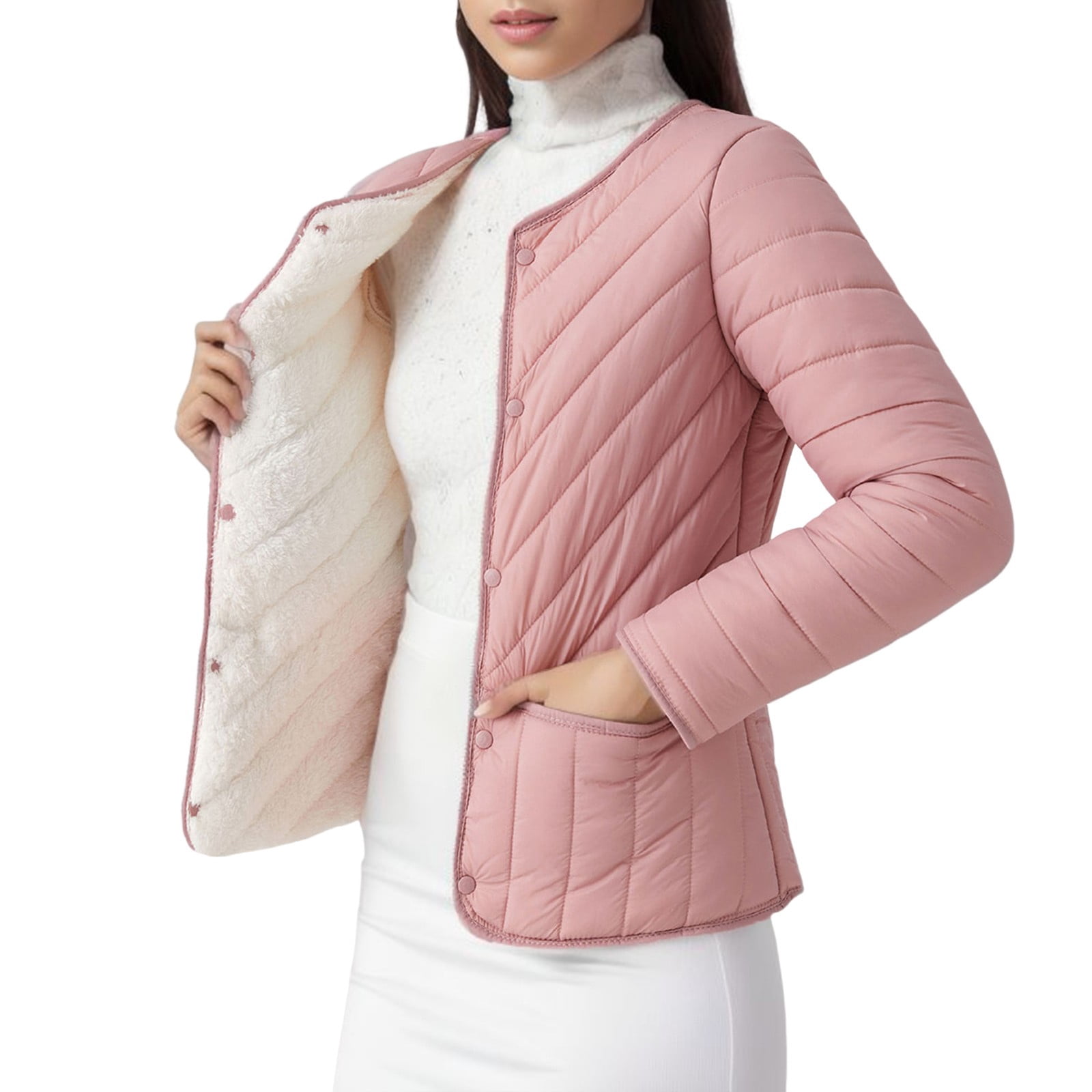 Hwmodou Women's Elegant Jacket Solid Color Long Sleeve Winter Quilted