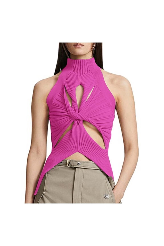 Women's Fashion Sweater Vest Sleeveless Hollow Knotted Detail Semi High Neck Solid Color Sexy Crop Top For Casual Wear Trendy Lightweight Stretchy Breathable Cami