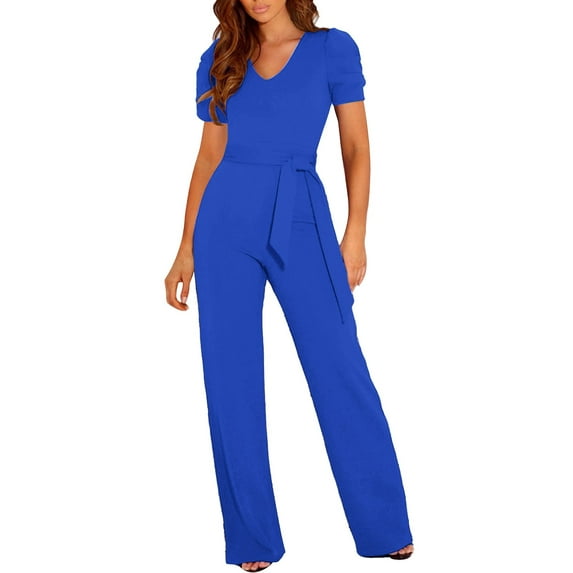 Hwmodou Womens Jumpsuits Solid Color Spring Summer V Neck Long Sleeve Elegant Trouser Suit Playsuit Jumpsuits For Women