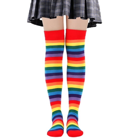 Hwoehyo Rainbow Luck Over The Knee Colorful Striped Personality Knit Socks