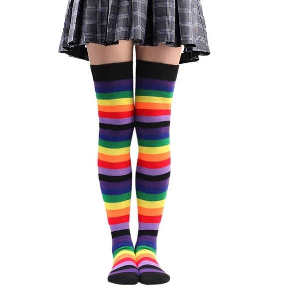 Hwoehyo Rainbow Luck Over The Knee Colorful Striped Personality Knit Socks