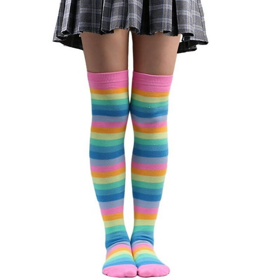 Hwoehyo Rainbow Luck Over The Knee Colorful Striped Personality Knit Socks
