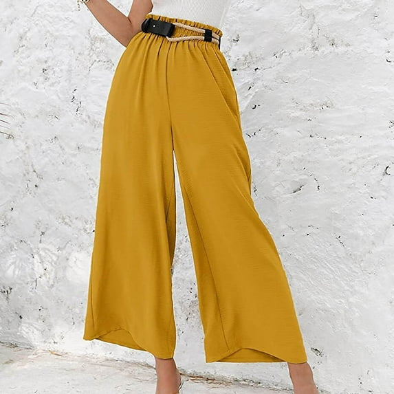 Hwretie Woman Pants Women Casual Solid Cotton Pants,Linen Drawstring Elastic Waist Long Wide Leg Pants,Yellow 12(Xxl)