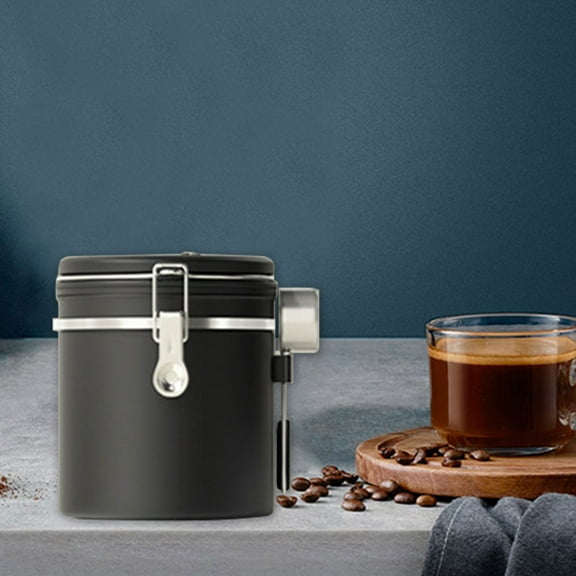 Hwuxmo Coffee Canister, Airtight Stainless Steel Kitchen Food Storage Container With Date And Scoop For Grounds Coffee,Beans, Tea, Flour, Cereal, Sugar(1.5L) Black