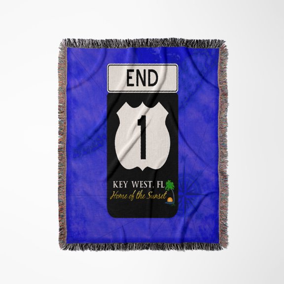Hwy A1A Sign For Key West Over A Nautical Map Of The Florida Keys., Woven Blanket