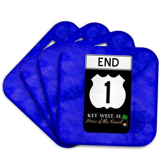 3drose, Hwy A1a Sign for Key West over a Nautical Map of the Florida Keys., Set of 4 Coasters - Soft