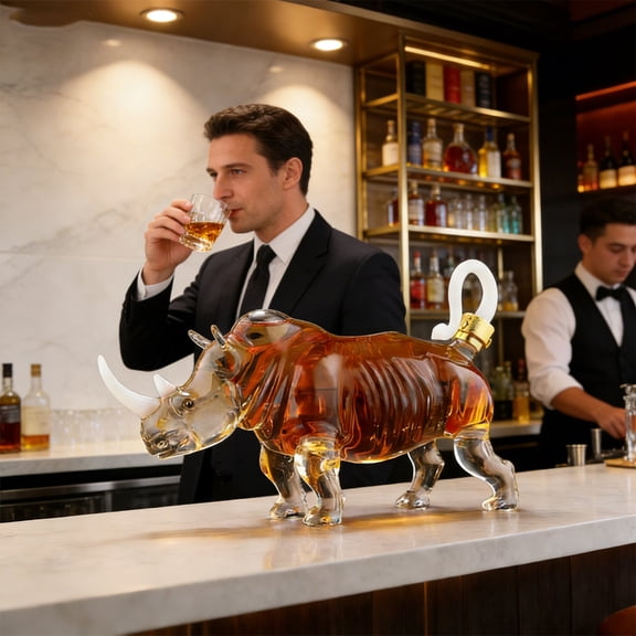 Hxlamzoo 1050ml Rhino Shape Whiskey Decanter Bottle, Handcrafted Lead-Free High Borosilicate Glass, Clear for Whiskey Color Showcase, Ideal for Bar Shelf Cabinet Display