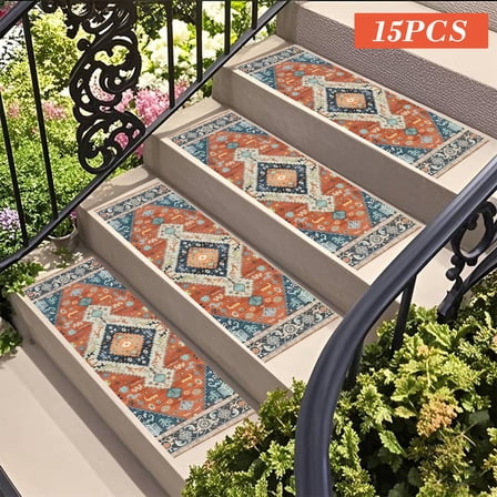 Hxlamzoo 15 Pcs Orange Non-Slip Self-Adhesive Stair Treads, Dirt-Resistant Step Mats 8x30 Inch for Indoor Stairs, Home Safety and Decor