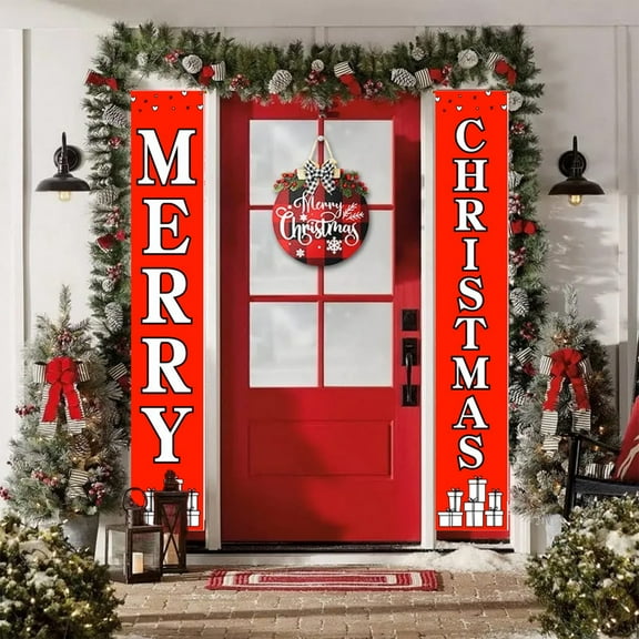Hxlamzoo 2 Pcs Christmas Couplet Door Curtain Set Custom Party Decoration Door Cover Christmas Flag Background Cloth for Holiday Decor Xmas Door Frame Banner