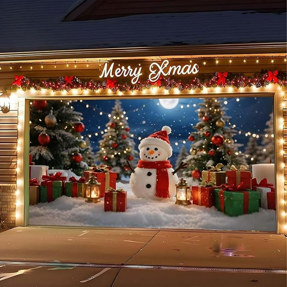 Hxlamzoo 2025 Christmas Garage Door Cover, 7×8 FT, Large Weather-Resistant Holiday Banner with Adhesive Strips & Grommets for Outdoor Home Front Door Xmas Décor