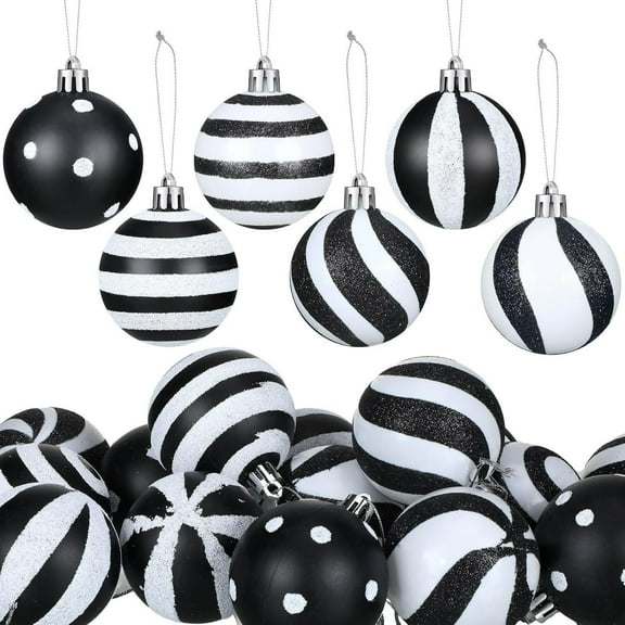 Hxlamzoo 24 Pcs 1.2 Inch Black White Christmas Ball Ornaments Plastic Stripe Hanging Balls, 6 Styles Durable Shatter-resistant Xmas Tree Decorations for Holiday Home Party Indoor Outdoor Decoration