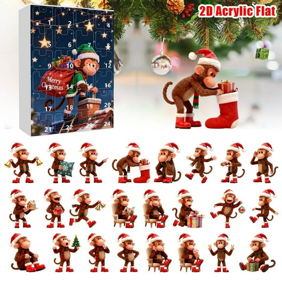 Hxlamzoo 24 Pcs Monkey Advent Calendar Ornaments, 2D Acrylic Christmas Tree Decorations with Festive Monkey Motifs, Break-Resistant Plastic Holiday Countdown Pendants for Xmas Wreaths Garlands