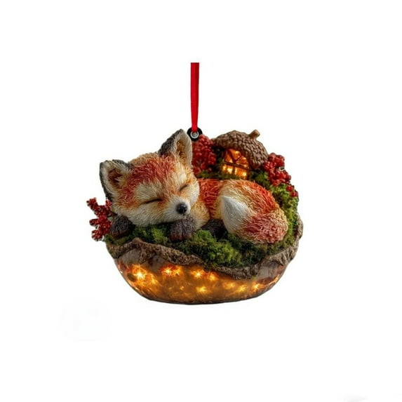 Hxlamzoo 2D Forest Animal Ornaments - Handcrafted Natural Tone Decor with Sleeping Fox, Owl, Bunny for Christmas Tree, Home Decor, Holiday Gift for Nature Lovers (Fox)