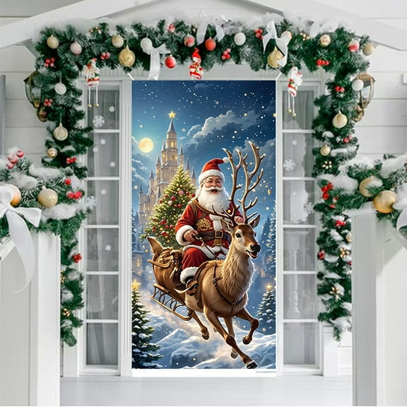 Hxlamzoo Red Christmas Front Door Cover, Santa Claus Door Banner Decorations, Hanging Covers Photo Props for Winter Party Decorations Supplies, 35.4×70.9 Inch