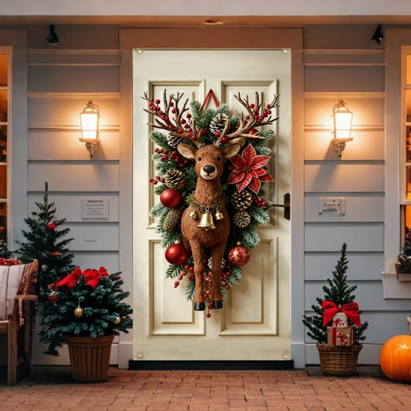 Hxlamzoo 35x71 Inch Reindeer Christmas Door Cover, Durable Polyester Hanging Cloth with Easy Installation for Holiday Home Door and Wall Decoration