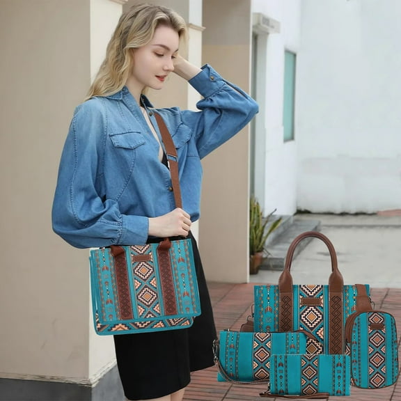 Hxlamzoo 4Pcs Boho Women's Handbag Set - Vintage PU Leather Lightweight Tote & Shoulder Bag for Daily Use, Aztec Embroidery Design (Green)