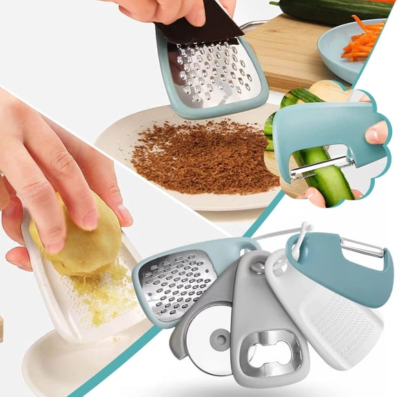 Hxlamzoo 5-Piece Kitchen Tool Set with Peeler Grater Bottle Opener Pizza Cutter & Locking Ring, Stainless Steel Blades ABS Plastic for Home Camping RV Gifts (Includes Drawstring Bag)