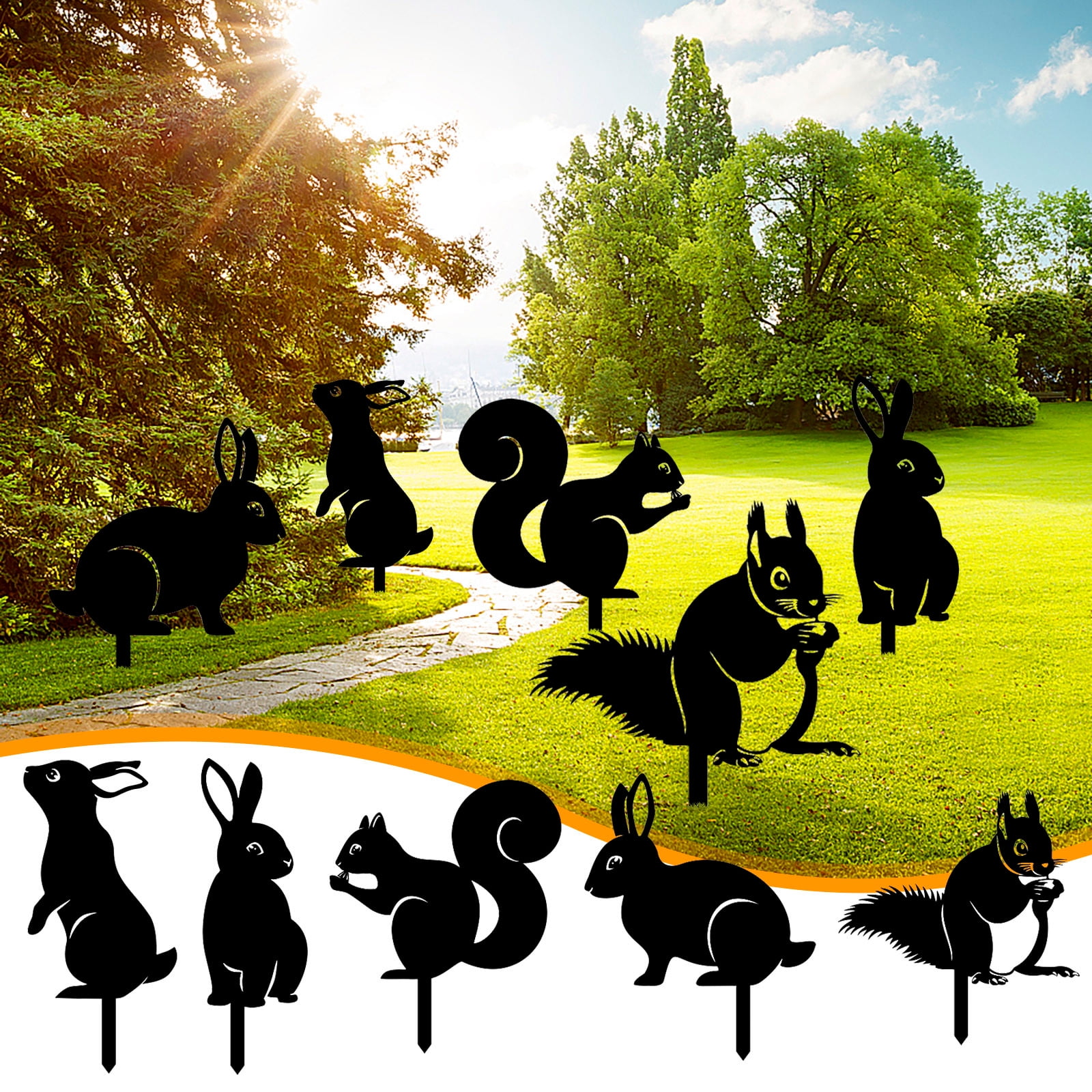 Hxlamzoo 5PCS 7.8-11.7inch Metal Squirrel Bunny Yard Art, Hollow Out Animals Silhouette Statue Decor, Lifelike Ornaments Yard Decorative, Pathway, Floor Decoration, Garden, Lawn, Outdoor Decoration