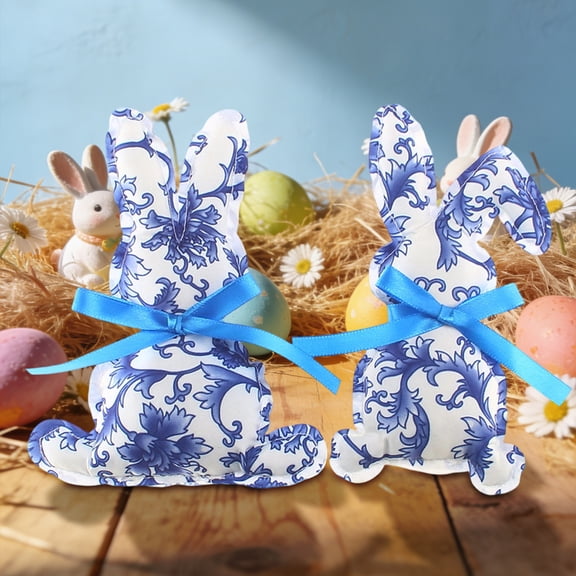 Hxlamzoo Blue and White Porcelain Easter Rabbits Ornaments, Traditional Chinese Fabric Rabbit Figurine for Easter Holiday Party Home Decor Table Centerpiece Mantle Decoration