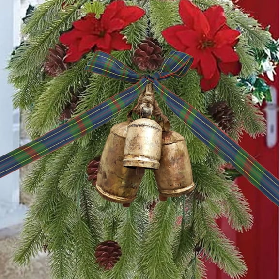Hxlamzoo Brass Cow Christmas Tree Ornament with Bowknot, Shabby Style Metal Hanging Bells Vintage Decor for Xmas Holiday Home Fireplace Wall Doorway Decoration