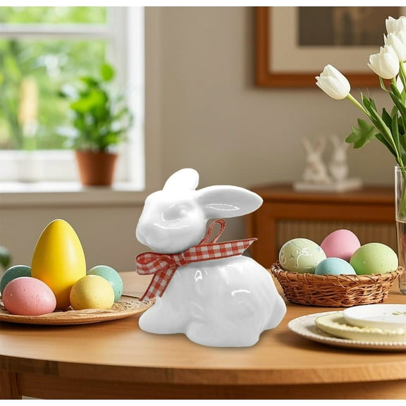 Hxlamzoo Ceramic Bunny Figurine Decor White Porcelain Easter Rabbits Statues with Red Plaid Bow 2.17inch Easter Bunny Sculpture Ornament for Easter Dining Table Centerpiece Tiered Tray Bowl Shelf