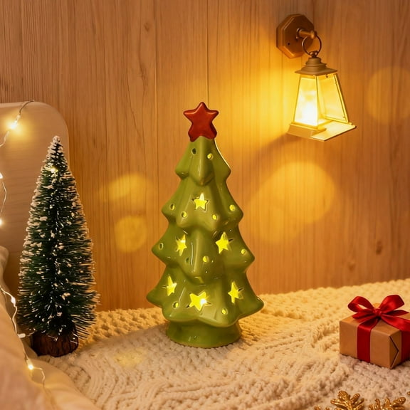Hxlamzoo Ceramic Christmas Tree Desktop Ornament, Green Ceramic Holiday Decor for Home Christmas Scene Layout, Xmas Party Supplies Gift