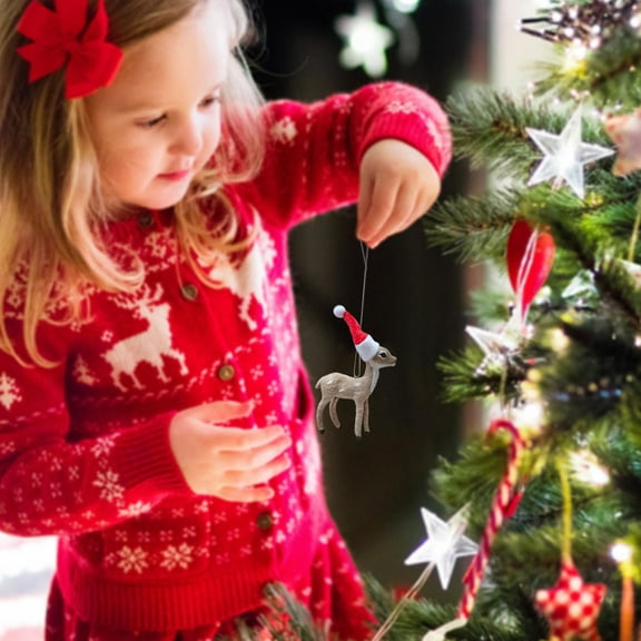 Hxlamzoo Christmas Deer Statue with Santa Hat, Tabletop Festive Home Decor, Plastic & Artificial Wool, Holiday Gift