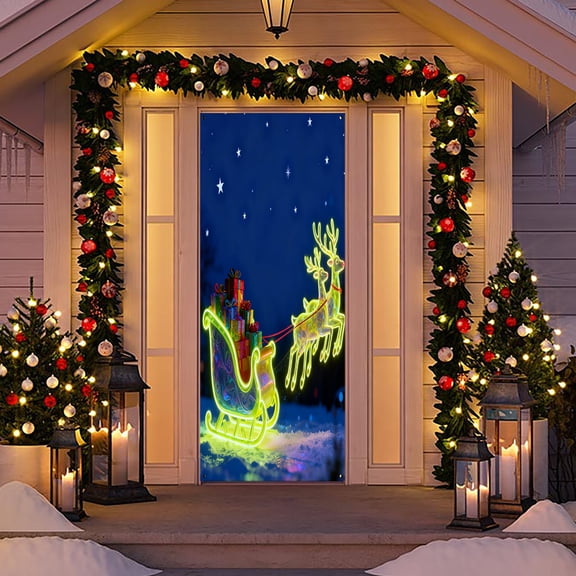 Hxlamzoo Christmas Door Cover Decoration Fabric Door Wrap Hanging for Indoor Outdoor Holiday Party Home Decoration Polyester Material Easy Install Foldable