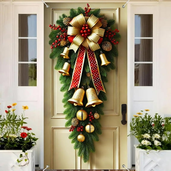 Hxlamzoo Christmas Door Curtain with Bells and Bows, Durable Polyester Fabric 35.43x70.86in Holiday Decoration for Xmas Home Party Photography Background Supplies