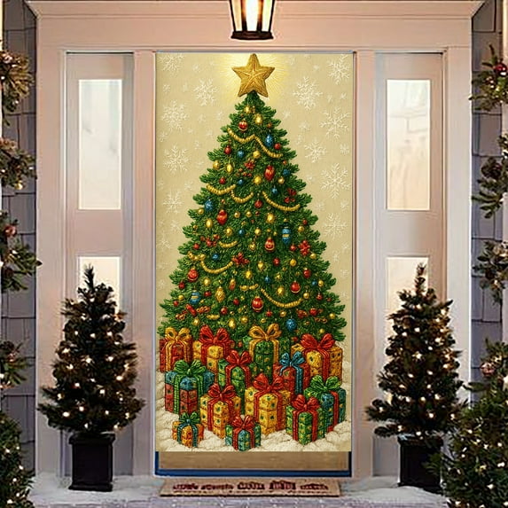 Hxlamzoo Christmas Door Curtain with Waterproof Polyester Fabric, HD Print Holiday Scene Layout Background Cover for Indoor Home Christmas Party Decoration