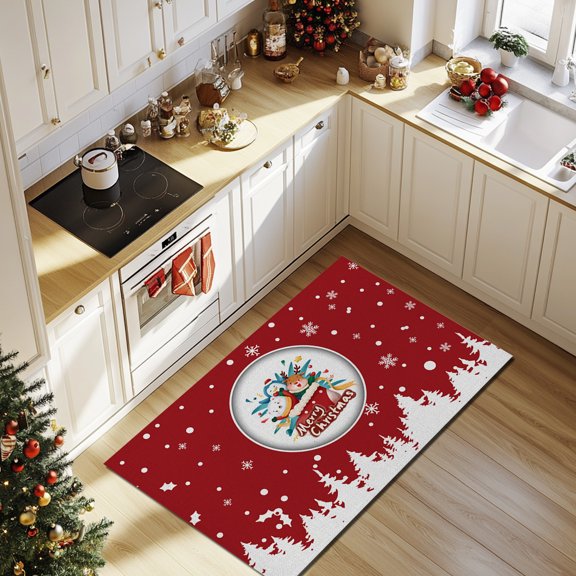 Hxlamzoo Christmas Floor Mat Absorbent Mat Kitchen And Bathroom Mat, Red Polyester Holiday Decor Non-Slip Rug for Home Party Xmas Decoration