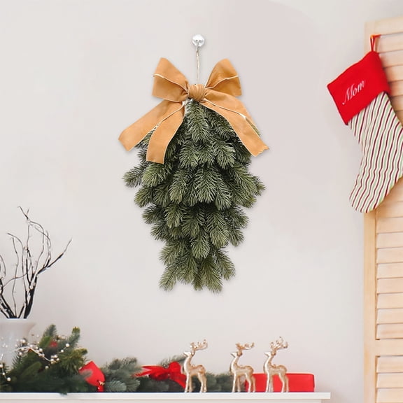 Hxlamzoo Christmas Foxtails Grass Door Hanging Rattan Ornament - Artificial Hanging Vines with Bow for Indoor Wall Decor, Festive Season Home Decoration Supplies (Plastic, Khaki, 15.74x9.44x1.96in)