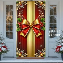 Hxlamzoo Christmas Front Door Cover with Golden Bow Snowflakes Green Wreath Design Red Gold Polyester Fabric Double-Sided Holiday Party Decoration for Indoor Outdoor Front Door Xmas Supplies