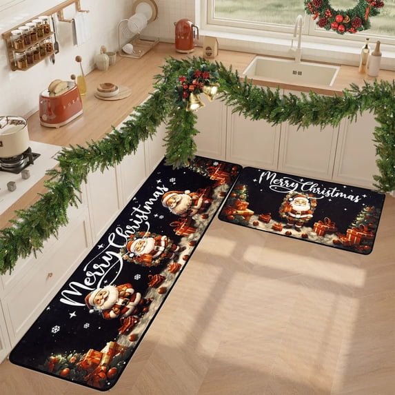 Hxlamzoo Christmas Kitchen Rugs, Merry Christmas Kitchen Mats for floor Set of 2, Christmas Buffalo Plaid Mats Non Slip Washable , Bright Holiday Decor for Home Laundry, 15.7x23.6+15.7x47.2 In