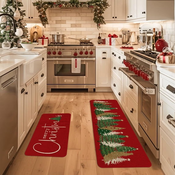 Hxlamzoo Christmas Kitchen Rugs, Merry Christmas Kitchen Mats for floor Set of 2, Christmas Buffalo Plaid Mats Non Slip Washable , Bright Holiday Decor for Home Laundry, 15.7x23.6+15.7x47.2 In
