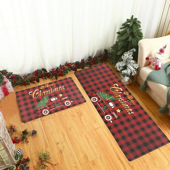 Hxlamzoo Christmas Kitchen Rugs, Merry Christmas Kitchen Mats for floor Set of 2, Christmas Buffalo Plaid Mats Non Slip Washable , Bright Holiday Decor for Home Laundry, 15.7x23.6+15.7x47.2 In