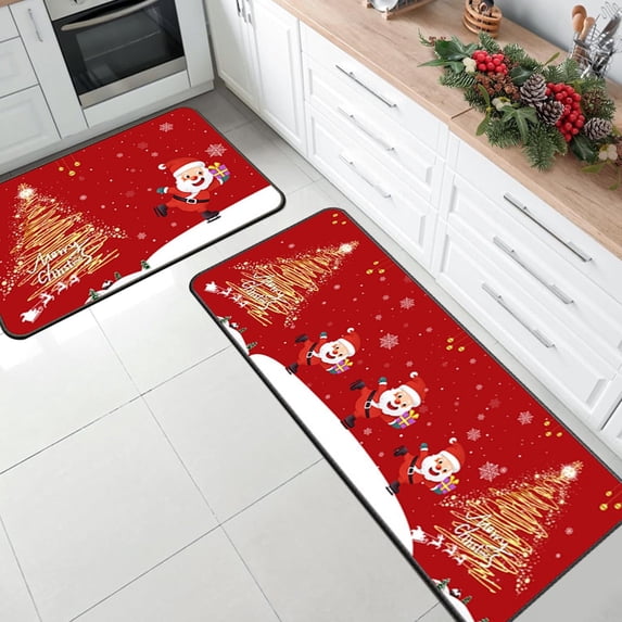 Hxlamzoo Christmas Kitchen Rugs, Merry Christmas Kitchen Mats for floor Set of 2, Christmas Buffalo Plaid Mats Non Slip Washable , Bright Holiday Decor for Home Laundry, 15.7x23.6+15.7x47.2 In