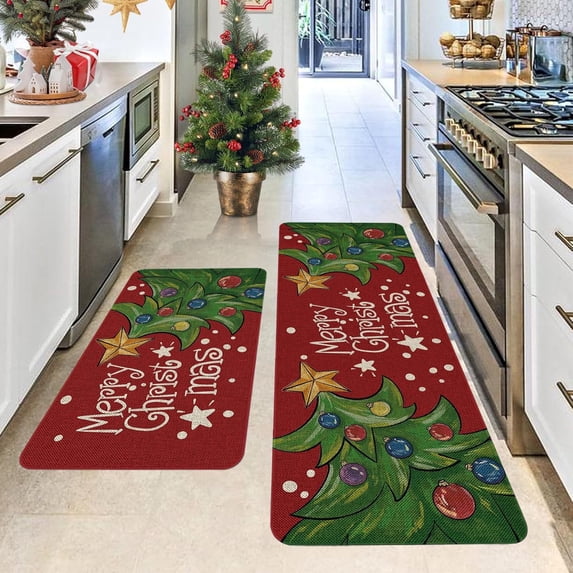 Hxlamzoo Christmas Kitchen Rugs, Merry Christmas Kitchen Mats for floor Set of 2, Christmas Buffalo Plaid Mats Non Slip Washable , Bright Holiday Decor for Home Laundry, 15.7x23.6+15.7x47.2 In