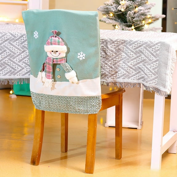 Hxlamzoo Christmas Themed Green Cloth Chair Back Covers with Stereo Santa Claus and Snowman Figurines, Glitter Embellishments, Elastic Removable Design for Xmas Party, Banquet and Home Decoration